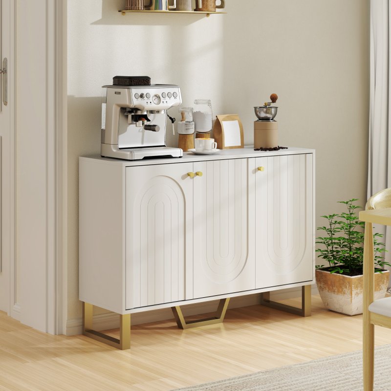 HOMCOM Sideboard with 3 Doors, Modern Storage Cabinet with Adjustable Shelves & Centre Leg for Living Room, Dining Room, Kitchen, TV Cabinet for 50 Inch TV, White