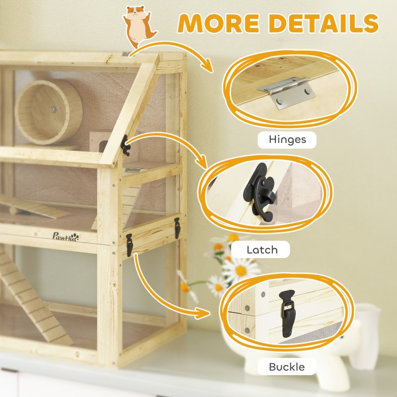 PawHut Wooden Hamster Cage, 3 Tier Gerbil Cage with Detachable 32cm Deep Bottom, Hut, Seesaw, Exercise Wheel, Ramps, Natural Wood Finish