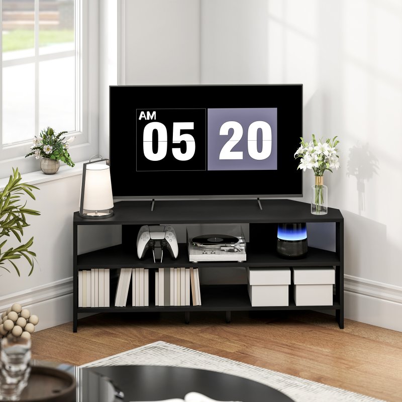 HOMCOM Corner TV Stand for 47 Inch Television, Modern TV Unit with 2 Open Shelves for Living Room, Bedroom, Black
