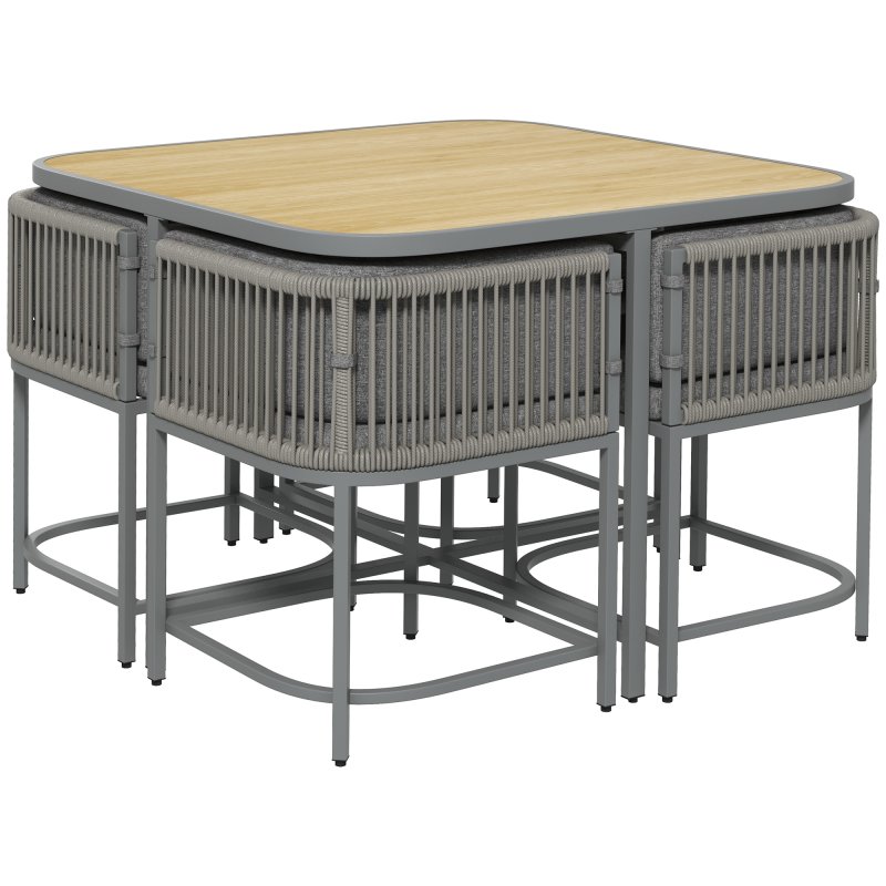 Outsunny 4 Seater Rattan Cube Garden Furniture Set with Cushions, Square Garden Dining Set with Stone Composite Board Top Table, Wicker Outdoor Table and Chairs, Grey