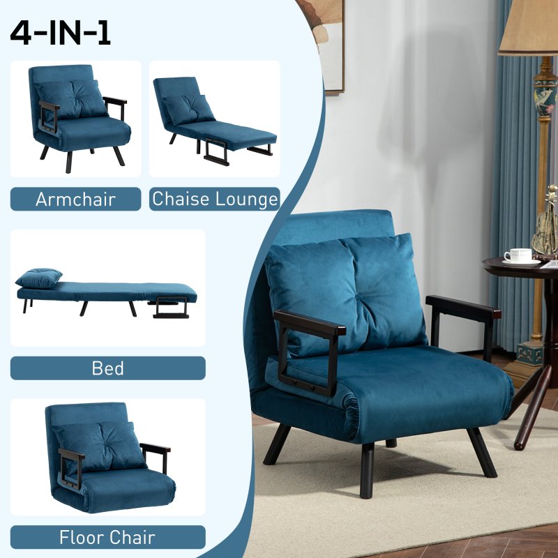 HOMCOM Single Chair Bed, Click Clack Convertible Bed Settee, Modern Velvet Feel Fabric Chair Couch with 1 Tufted Cushion, Wood Armrests, for Living Room, Bedroom, Guest Room