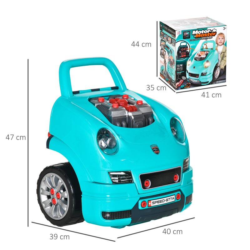HOMCOM Kids Truck Engine Toy Set Toddler Educational Car Service Station w/ RC Car Key Steering Wheel Horn Light, Mechanic Gifts for Ages 3-5 Years - Teal