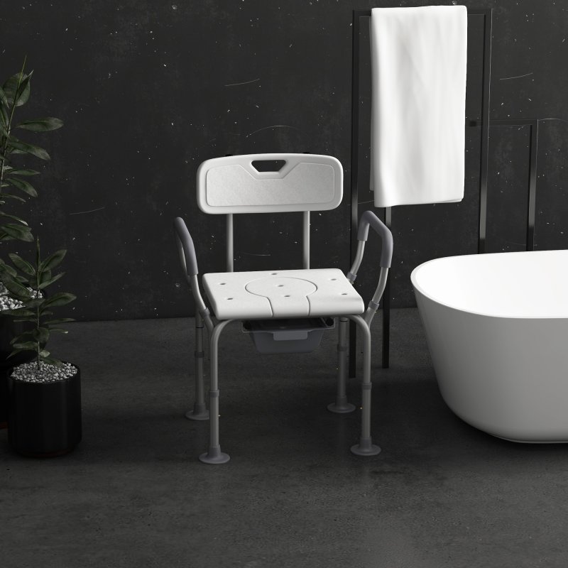 HOMCOM Height Adjustable Shower Chair with Arms and Back, Non-Slip Shower Stool, Bedside Commode with Detachable Bucket for Elderly, Seniors, Disabled, White