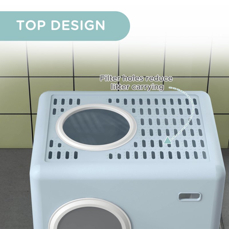 PawHut Cat Litter Tray with Hood Cat Litter Box with Front Entry, Top Exit, Drawer, Tray, Scoop, 38.5H x 52L x 41Wcm - Blue