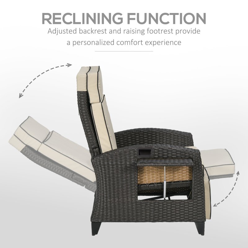 Outsunny Garden Recliner with Cushion, PE Wicker Outdoor Recliner Chair with Adjustable Backrest & Footrest, Rattan Recliner Chair with Armrests and Side Tray for Balcony, Porch, Khaki/Brown