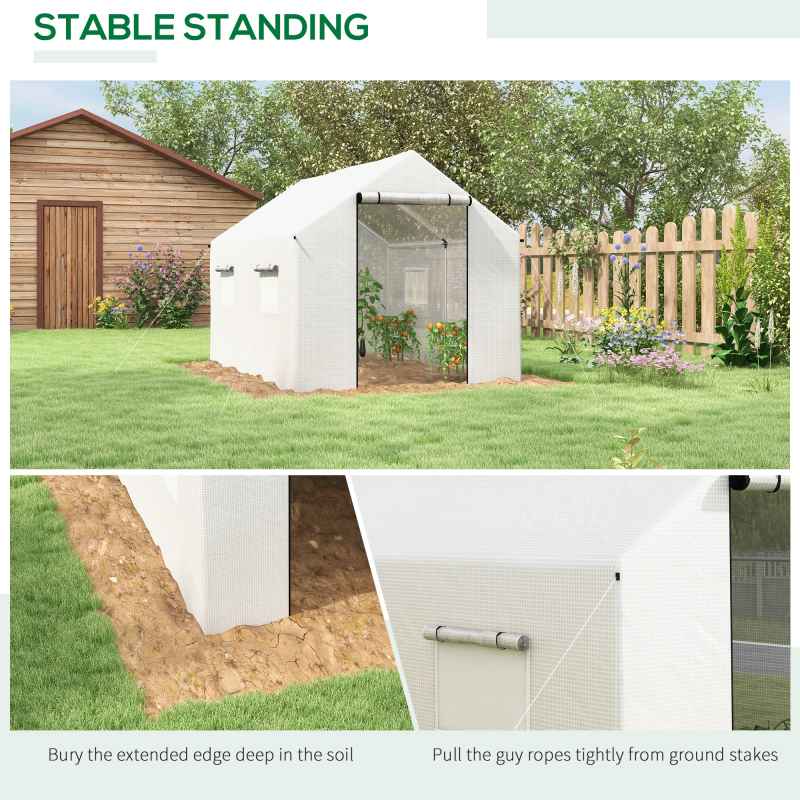 Outsunny 2 x 3(m) Walk-in Polytunnel Greenhouse with Wide Roll-up Door, 4 Mesh Windows, Tunnel Warm House Tent with UV-resistant PE Cover, White
