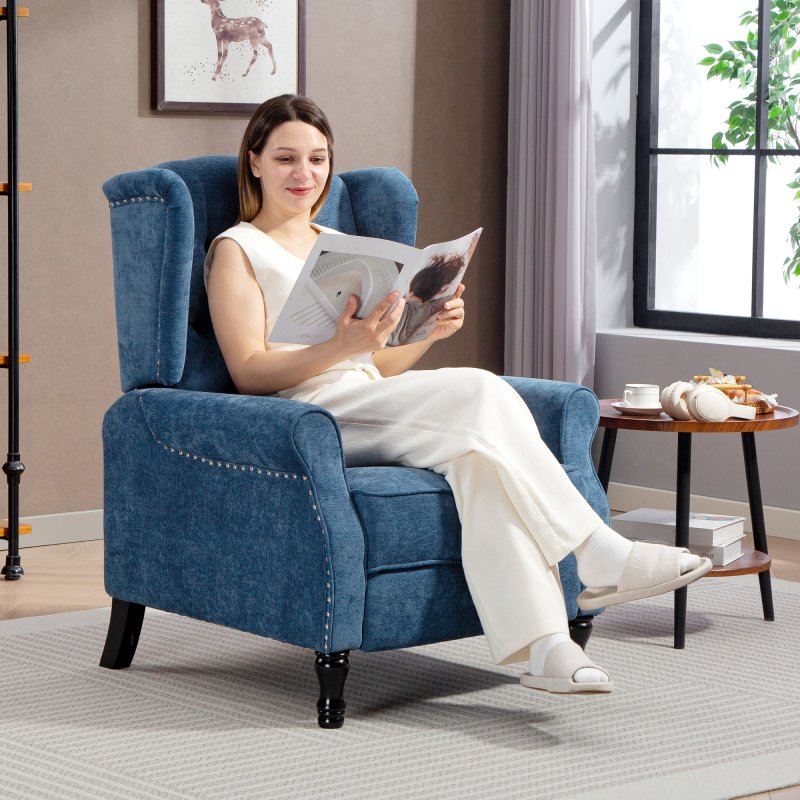 HOMCOM Recliner Armchair, Vintage Reclining Chair with Nail Head Trim, Wingback Chair with Button Tufted Back and Footrest, for Living Room, Royal Blue
