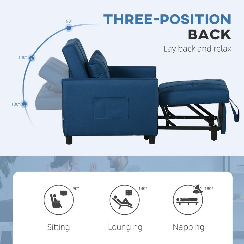 HOMCOM Compact Single Chair Bed, Pull Out Bed, Convertible Sleeper Chair with Adjustable Backrest, Pillow, Side Pockets for Home Office, Bedroom, Living Room