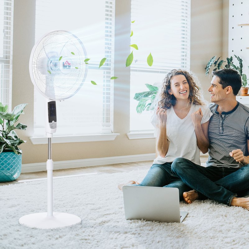 HOMCOM 16'' Pedestal Stand Fan, 3 Speed 3 Mode, 85 Degree Oscillation, LED Panel, 3M Remote Controller, Height Adjustable for Living Room, Bedroom, Garage, Office, Black and White