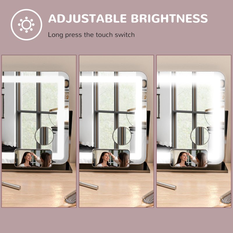 HOMCOM Vanity Mirror with Lights, 63x50 cm Lighted Makeup Mirror with 3 Colour Lighting Modes, 10X Magnifying, USB Charging Port, Phone Holder, 360 Degree Rotation, Touch Screen, for Dressing Table