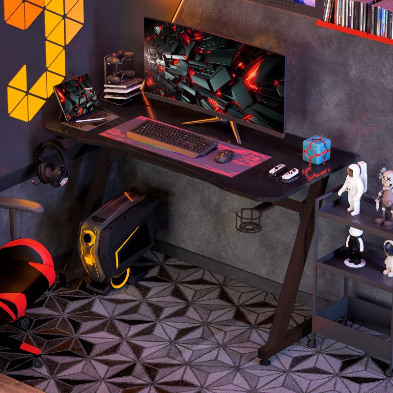HOMCOM Gaming Desk 120 x 65 cm Steel Frame with Cup Holder, Headphone Hook, Adjustable Feet and Cable Organiser, Home Office Computer Table, Black