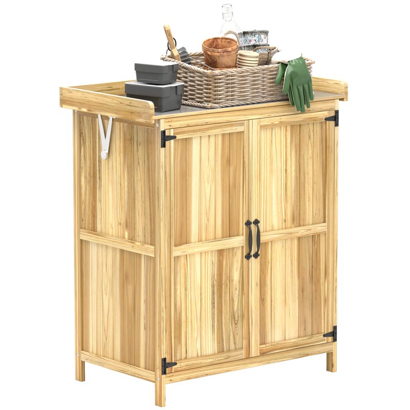 Outsunny Wooden Garden Shed, Garden Tool Storage Shed with Hinged Roof and Shelf, Outdoor Storage Cabinet with Double Doors, Natural Wood Finish
