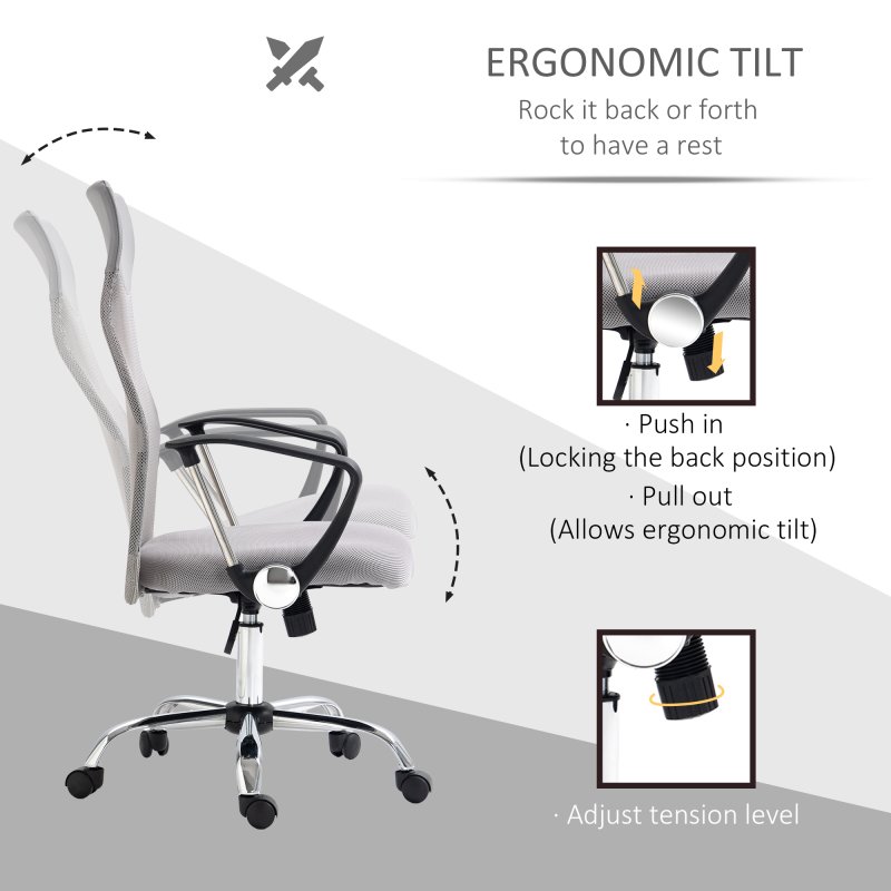 HOMCOM Mesh Office Chair, High Back Computer Desk Chair, Swivel Chair with Height Adjustable, for Home, Light Grey