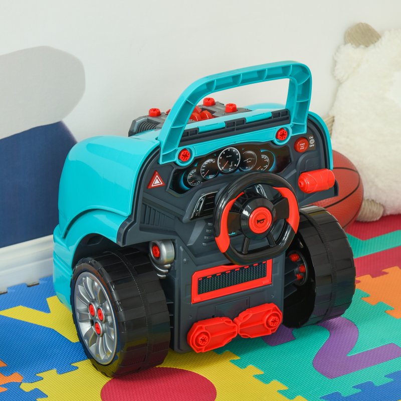 HOMCOM Kids Truck Engine Toy Set Toddler Educational Car Service Station w/ RC Car Key Steering Wheel Horn Light, Mechanic Gifts for Ages 3-5 Years - Teal