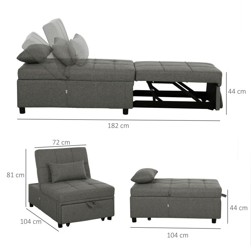 HOMCOM 4-in-1 Sofa Bed, Convertible Sleeper Chair Bed with Adjustable Backrest, Fabric Pull Out Chaise Lounge with Pockets for Living Room, Bedroom, Home Office, Small Space, Charcoal Grey