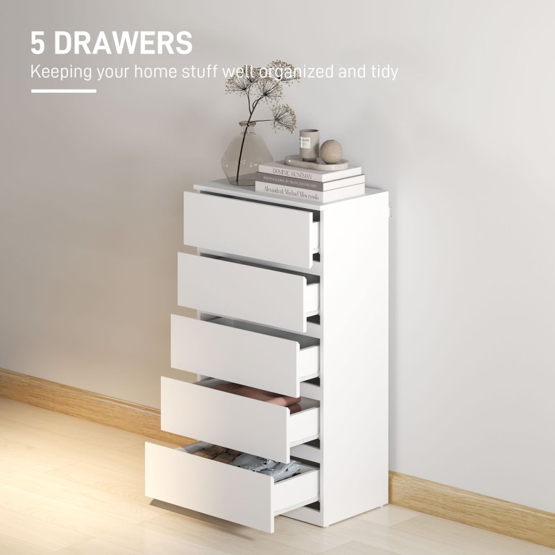 HOMCOM Chest of Drawers, 5 Drawers Storage Cabinet Floor Tower Cupboard for Bedroom Living Room, White