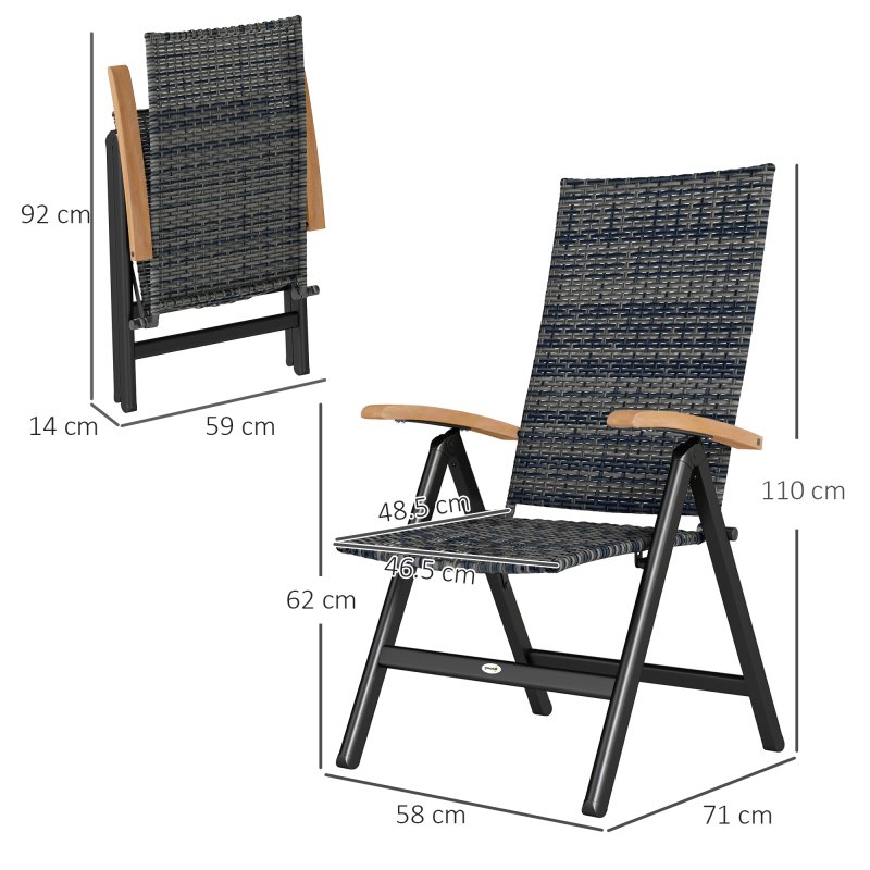 Outsunny Outdoor Folding Dining Chair, PE Rattan Chair with Armrests, High Backrest, for Garden, Camping, Balcony, Porch, Mixed-grey