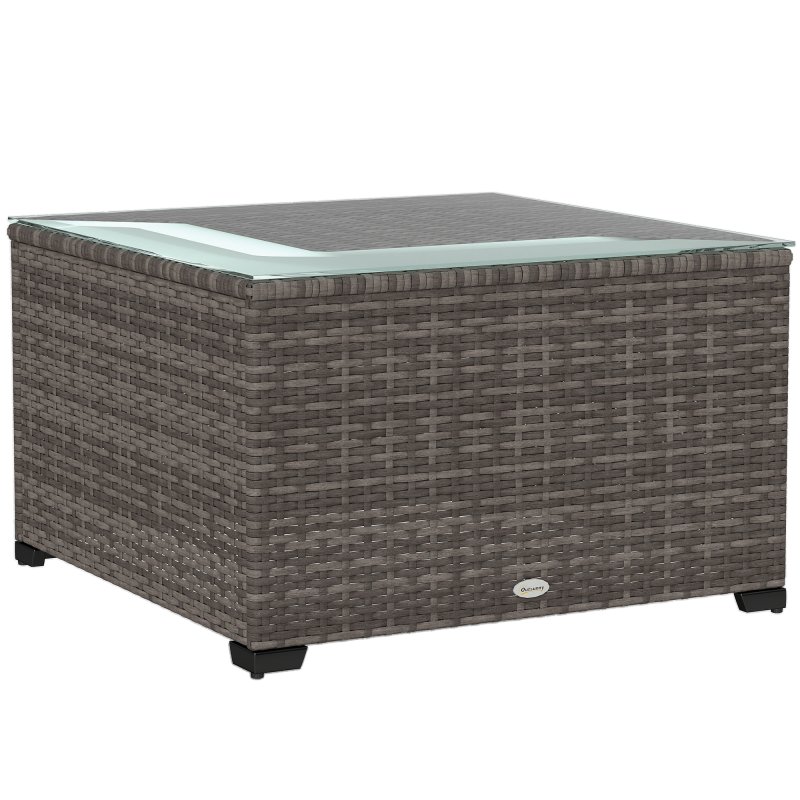 Outsunny Outdoor Coffee Table, PE Rattan Side Table with Tempered Glass Top, Wicker Square Garden Coffee Table End Table with Steel Frame for Patio, Balcony, 60 x 62 x 38cm, Dark Grey