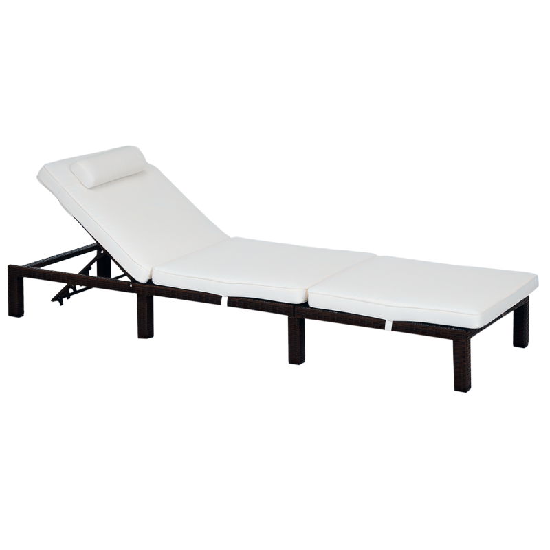 Outsunny Rattan Sun Lounger, 5-Level Adjustable Garden Lounger Recliner with Cushion and Headrest, Outdoor Reclining Sunbed, Steel Frame Garden Chair for Patio, Beach, Terrace, Cream White