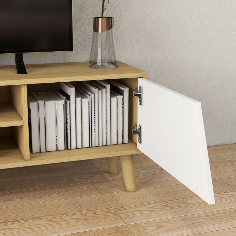 HOMCOM TV Stand Cabinet, TV Unit for TVs up to 65", TV Cabinet with Storage Shelves and Soft Closing Door Cupboard, Cable Management for Living Room, Bedroom, Oak and White