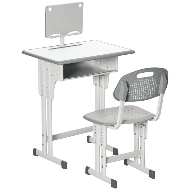HOMCOM Kids Desk and Chair Set Adjustable Height Study Table Set w/ Drawer, Book Stand, Pen Slot - Grey