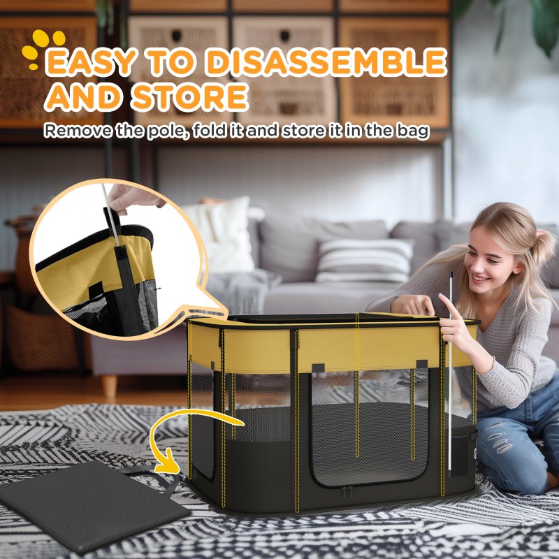 PawHut Dog Pen, Pet Playpen, Portable Foldable Dog Cat Playpen Soft Pet Cage with Storage Bag for Puppies, Rabbits, Kittens, Guinea Pigs, 84 x 64 x 53cm - Yellow