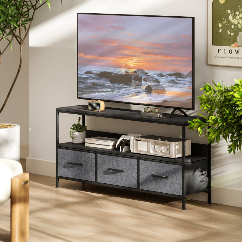 HOMCOM TV Stand Cabinet up to 55-inch, TV Unit with 3 Foldable Linen Drawers, Open Shelf for Living Room, Bedroom, Entertainment Room, Black