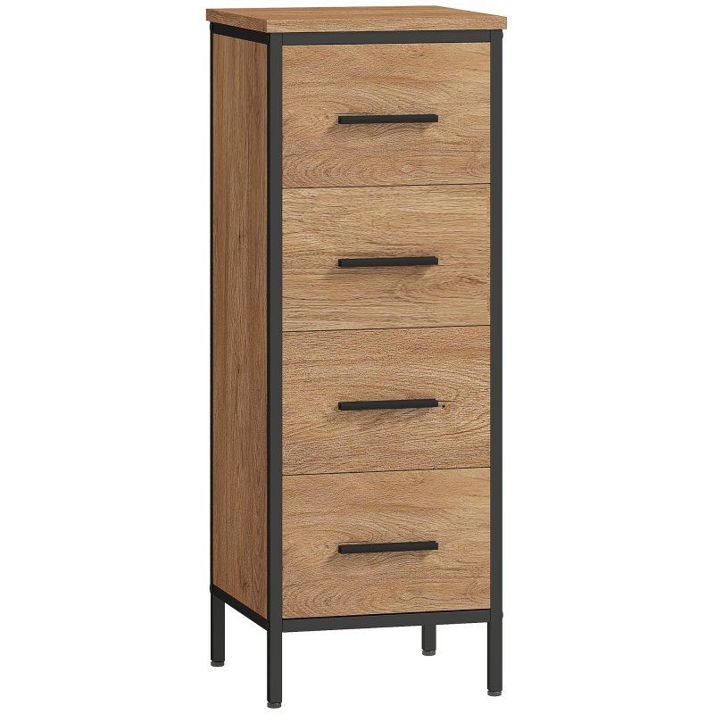 HOMCOM Narrow Bathroom Storage Cabinet, Industrial Slim Bathroom Storage Unit with 4 Drawers and Steel Frame for Small Spaces, 30 x 30 x 82 cm, Oak