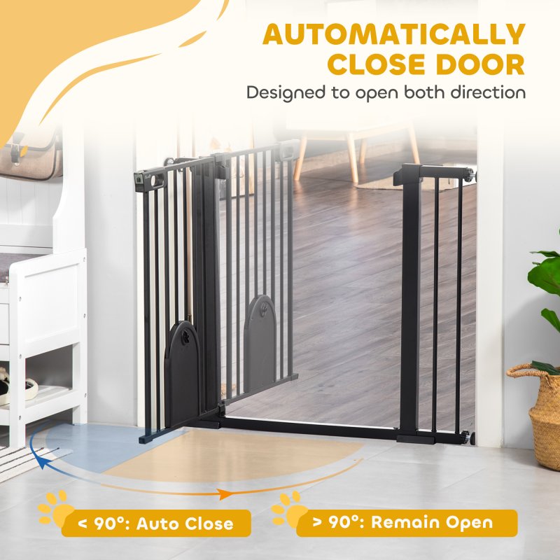 PawHut Dog Gate with Cat Flap Pet Safety Gate Barrier, Stair Pressure Fit, Auto Close, Double Locking, for Doorways, Hallways, 75-103 cm Black