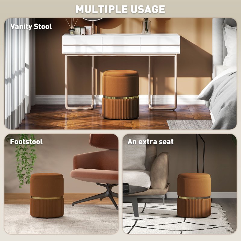 HOMCOM Round Storage Stool, Velvet-feel Fabric Upholstered Vanity Stool with Removable Top, Padded Seat and Hidden Space for Living Room, Bedroom