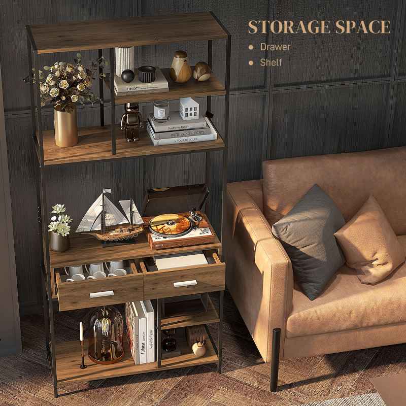 HOMCOM 5 Tier Bookcase, Industrial Book Shelf with 2 Drawers and Metal Frame, Bookshelf for Home Office, Study, Living Room, Brown