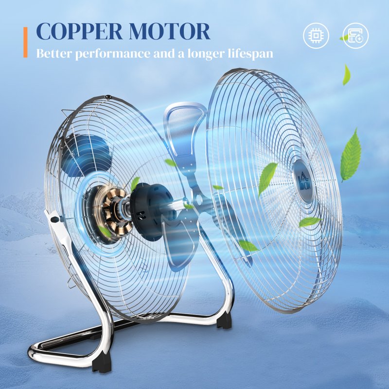 HOMCOM 20 Inches Chrome Metal Floor Fan, High Velocity 3-Speed Home Gym with Adjustable Head, Portable Desk & Table Fan Air Circulator for Home Office, Powerful Airflow, Quiet Operation