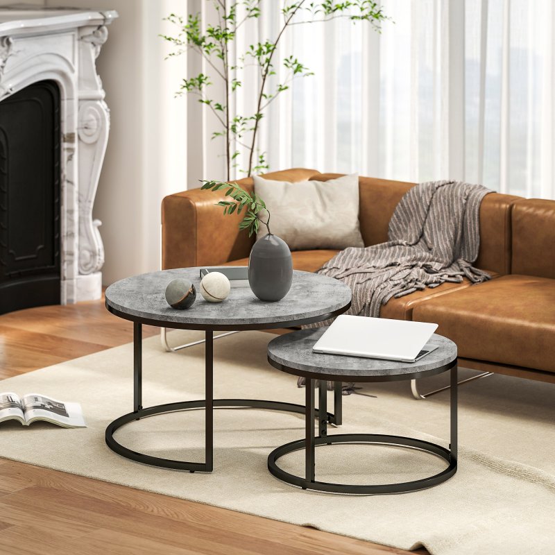 HOMCOM Round Nesting Coffee Table Set of 2, Large Stacking End Side Table with Steel Frame for Living Room, Bedroom, Home Office, 78.5 x 78.5 x 46.5 cm, Cement Grey