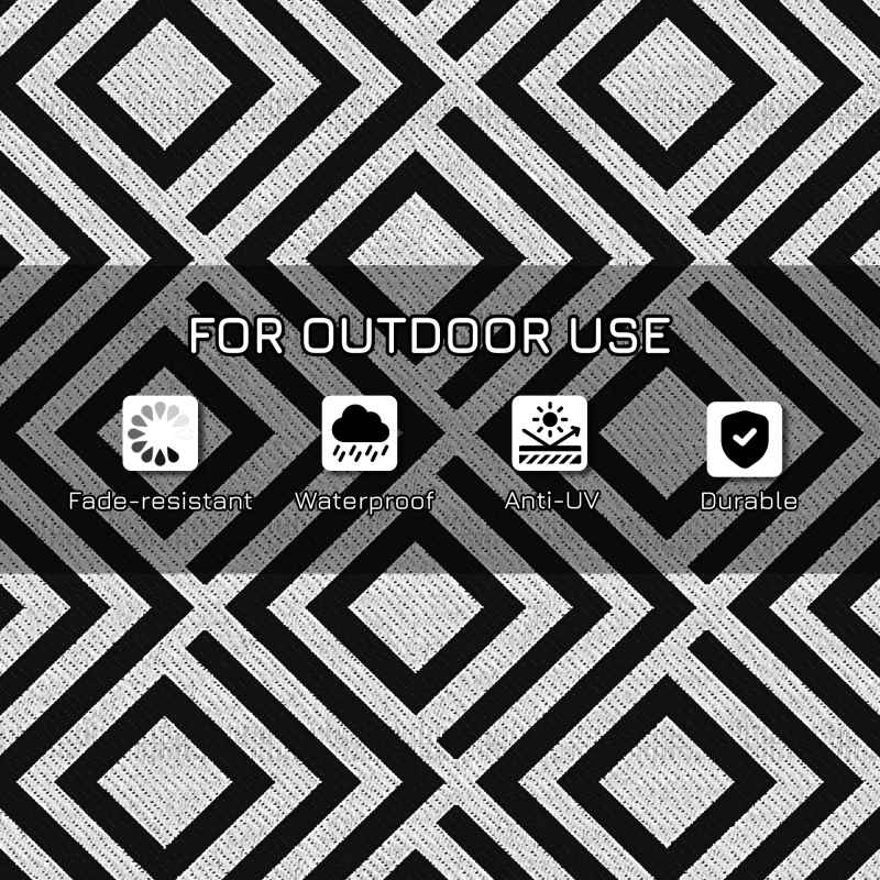 Outsunny Reversible Outdoor Rug with Carry Bag, Waterproof Plastic Straw Mat for Garden, Deck, RV, Picnic, Beach, Camping, 182 x 274cm, Black & White