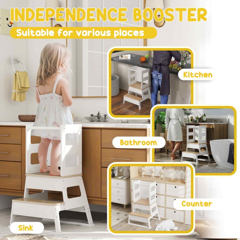 AIYAPLAY Toddler Tower, 2 in 1 Toddler Step Stool with Chalkboard, Safety Rail, Kids Standing Tower for Kitchen, Counter, Bathroom, Sink, White