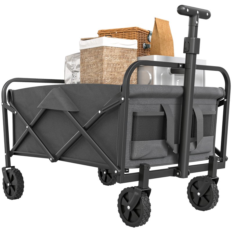 Outsunny 62L Festival Trolley on Wheels, Garden Folding Trolley Cart, 120kg Heavy Duty Collapsible Folding Wagon with Adjustable Handle and Carrying Bag for Beach, Camping, Festival, Grey