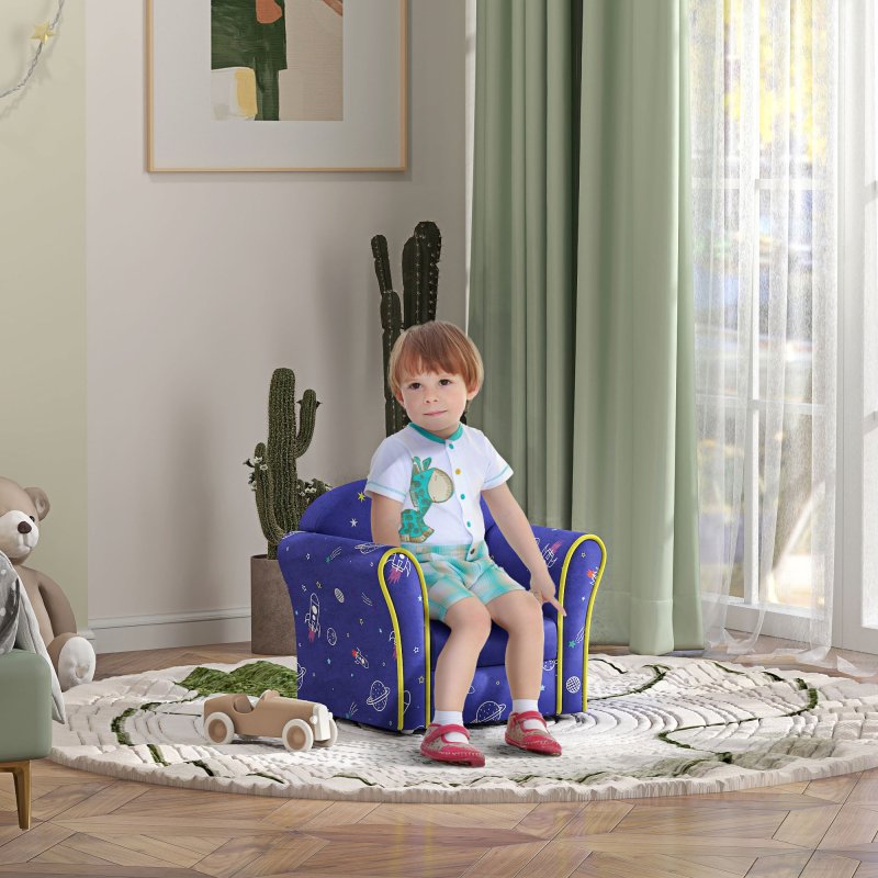 AIYAPLAY Kids Sofa Chair, Toddler Armchair with Planet and Dinosaur Design, Wooden Frame, Upholstered Toddler Chair for Bedroom, Playroom, Kids Room - Blue