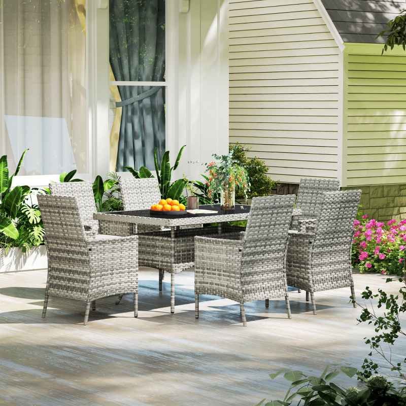 Outsunny Rattan Garden Furniture Set, 6 Seater Outdoor Dining Table and Chairs with Cushions, 150 x 90cm Rectangular Tempered Glass Table, 6 Armchairs, for Terrace, Conservatory, Balcony, Mixed-Grey