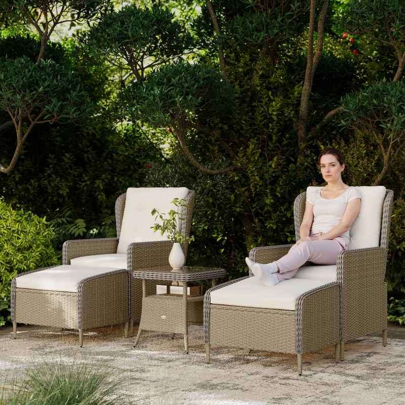Outsunny 5 Piece Rattan Garden Furniture Set with Recliner Chairs, Wicker Patio Conversation Set with Footstools, 2-Tier Glass Top Coffee Table, Cushions for Outdoor, Balcony, Porch, Light Grey