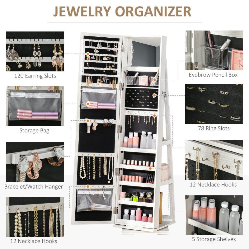 HOMCOM 360° Swivel Jewellery Cabinet with Full Length Mirror, Lockable Jewellery Organiser with Built-in Makeup Mirror and Storage Shelves for Bedroom, White