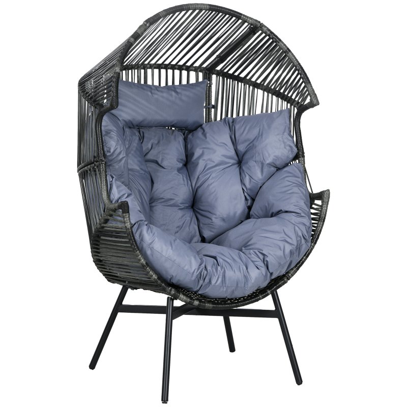 Outsunny Garden Egg Chair with 14cm Thick Seat Cushion, PE Rattan Leisure Chair with Comfortable Headrest, Adjustable Feet, Steel Frame, Mixed Grey