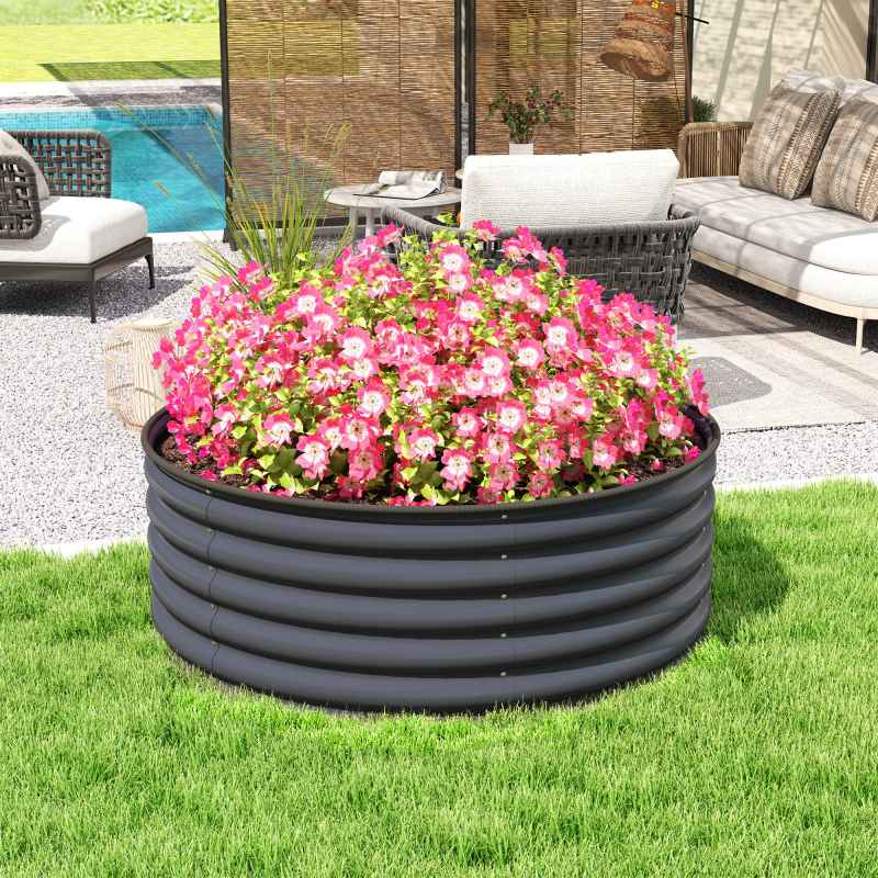 Outsunny Galvanised Raised Garden Bed with Safety Edging, Outdoor Raised Planter Box with Gloves and Open Bottom, Metal Raised Bed for Flowers, Vegetables and Herbs, 120 x 120 x 43cm, Dark Grey