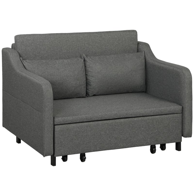 HOMCOM Pull Out Double Sofa Bed, Fabric 2 Seater Sofa Couch with Pillows and Side Pockets, Convertible Sleeper for Living Room, Grey