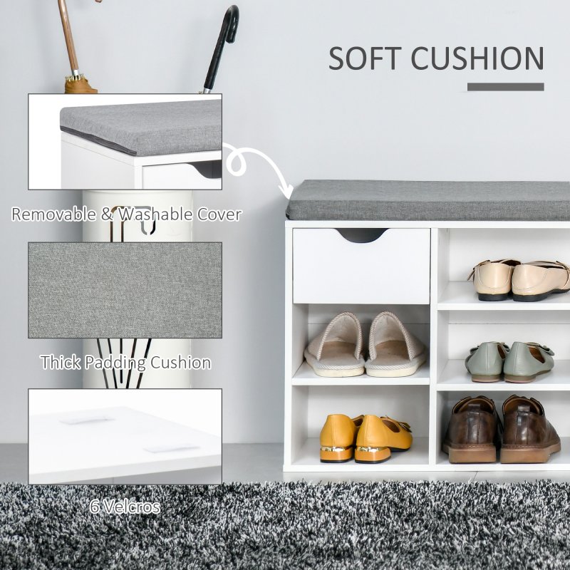 HOMCOM Shoe Bench with Seat Cushion Shoe Storage Cabinet with 7 Compartments Drawer Adjustable Shelves for Entryway Hallway Living Room
