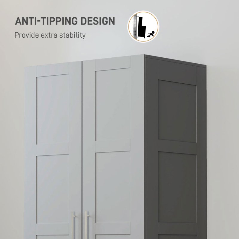 HOMCOM 2 Door Wardrobe for Bedroom, Double Wardrobe with Shelves and Hanging Rail, Modern Bedroom Furniture, Grey