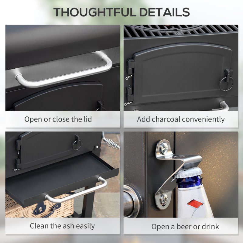 Outsunny Charcoal Grill BBQ Trolley with Adjustable Charcoal Height, Charcoal Stove for Pot, Garden Smoker Barbecue with Folding Shelves, Thermometer on Lid, Bottle Opener and Wheels