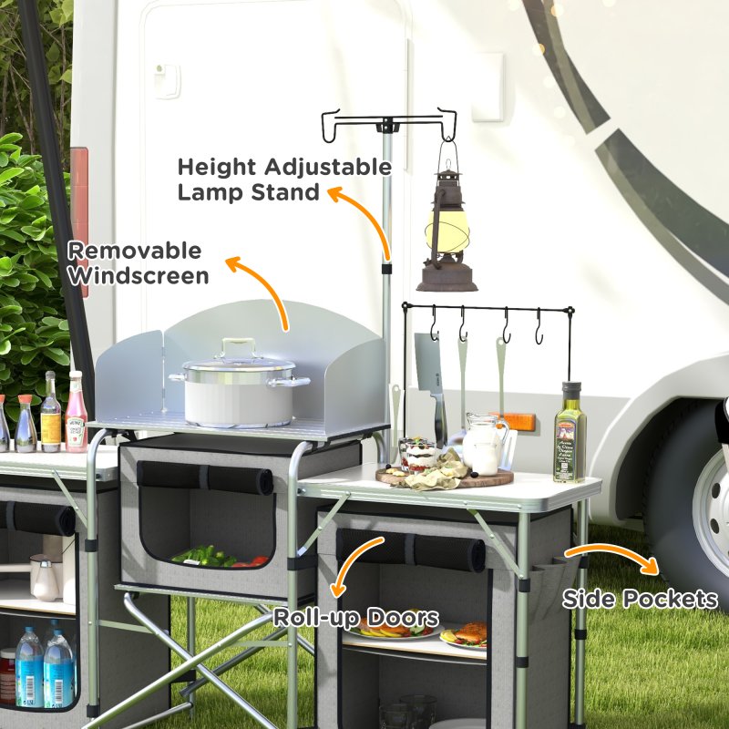 Outsunny Folding Camping Kitchen, Portable Aluminium Camping Table with 3 Fabric Cupboards, Windshield, Light Stand, Carrying Bag for BBQ, RV, Picnic, Grey