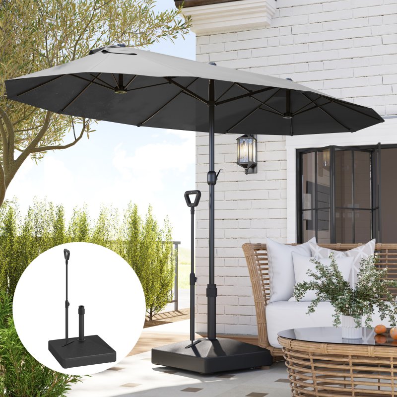 Outsunny Garden Parasol Base with Adjustable Wheels and Handle, Garden Sun Umbrella Base Parasol Stand, Filled Up to 55kg with Stand, 45kg with Water for 35, 38, 48 mm Poles, Black