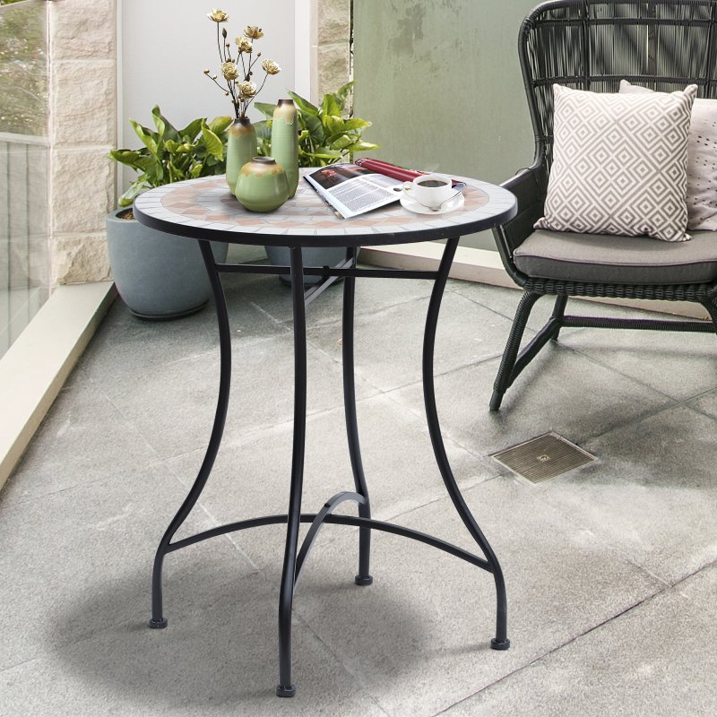 Outsunny 60 cm Mosaic Garden Table, Small Round Outdoor Side Table with Ceramic Top, Plant Stand for Patio, Balcony, Orange and White