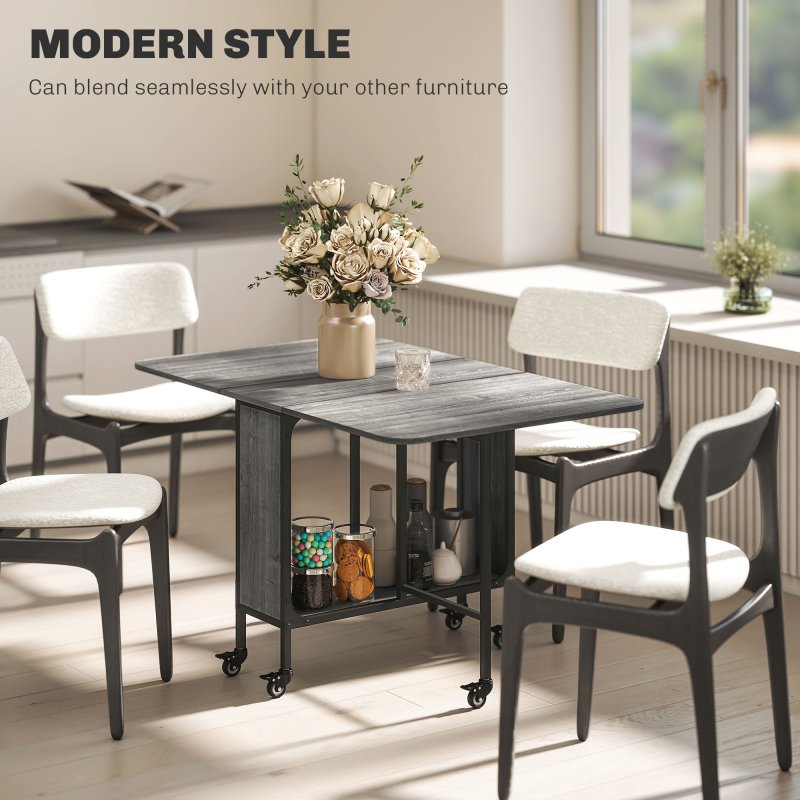 HOMCOM Mobile Drop Leaf Table, Folding Dining Table with 6 Wheels & Storage Shelf for Small Spaces, Kitchen, Dining Room